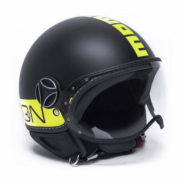 CASCO MOMO DESIGN NERO OPACO SCRITTA GIALLO FLUO