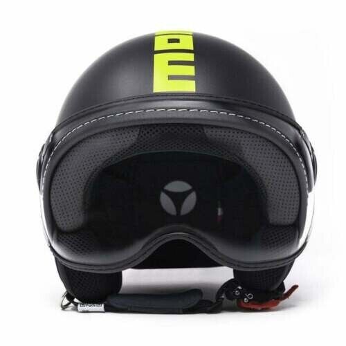 CASCO MOMO DESIGN NERO OPACO SCRITTA GIALLO FLUO